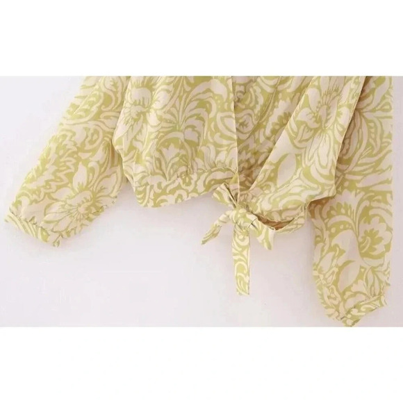 Zara Crop Top Blouse Long Sleeves Tie Floral V Neck Size L Women's Green Ivory - Picture 2 of 11